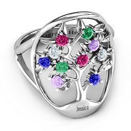 Oval Family Tree Ring in 925 Sterling Silver with Emerald, Ruby, Cubic Zirconia, Amethyst, and Blue Sapphire
