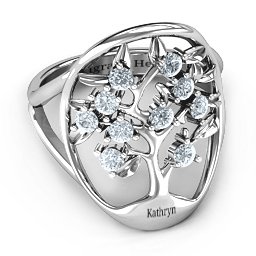 Oval Family Tree Ring in 10K Solid White Gold with Cubic Zirconia
