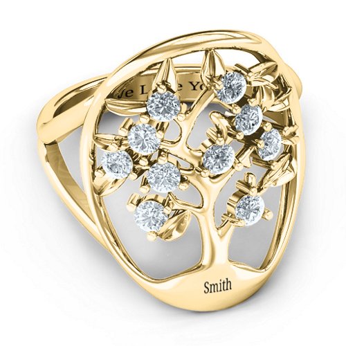 Oval Family Tree Ring – 10K Yellow Gold with Cubic Zirconia