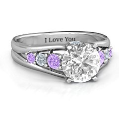Radiant Love Ring with Collar Gems – 10K White Gold with White Premium Zirconia, Amethyst, and Cubic Zirconia