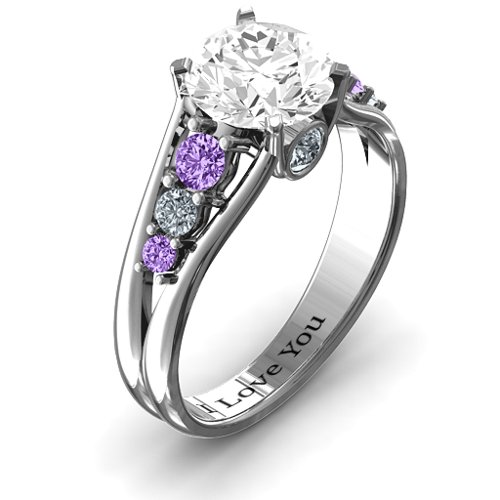 Radiant Love Ring with Collar Gems – 10K White Gold with White Premium Zirconia, Amethyst, and Cubic Zirconia