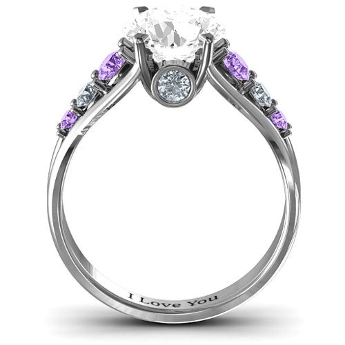 Radiant Love Ring with Collar Gems – 10K White Gold with White Premium Zirconia, Amethyst, and Cubic Zirconia
