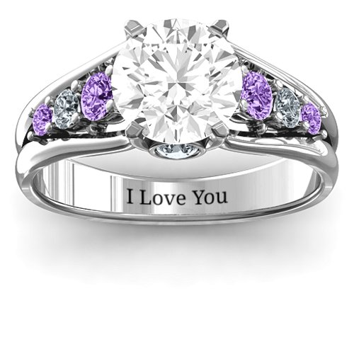 Radiant Love Ring with Collar Gems – 10K White Gold with White Premium Zirconia, Amethyst, and Cubic Zirconia