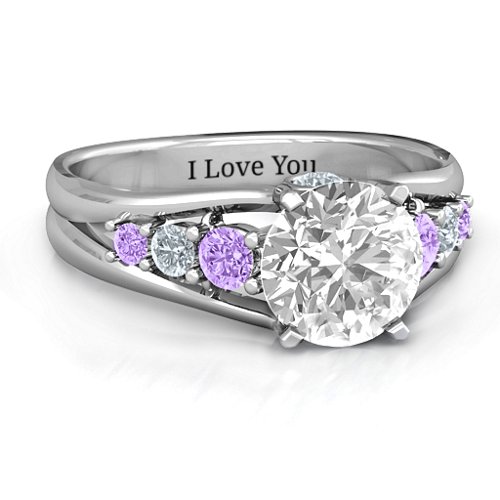 Radiant Love Ring with Collar Gems – 10K White Gold with White Premium Zirconia, Amethyst, and Cubic Zirconia