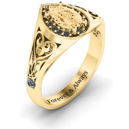 Aphrodite Ring with Side Gems – 10K Yellow Gold with Fancy Yellow Premium Zirconia, Black Premium Zirconia, and Cubic Zirconia