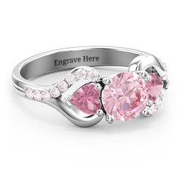 Hearts United Gemstone Ring with Accents in 925 Sterling Silver with Fancy Pink Premium Zirconia and Pink Tourmaline