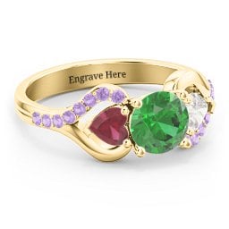 Hearts United Gemstone Ring with Accents in 10K Solid Yellow Gold with Green Premium Zirconia, Ruby, Cubic Zirconia, and Amethyst Premium Zirconia