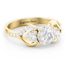 Hearts United Gemstone Ring with Accents in 10K Solid Yellow Gold with White Premium Zirconia and Cubic Zirconia