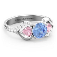Hearts United Gemstone Ring with Accents – Sterling Silver with Fancy Blue Premium Zirconia, Pink Tourmaline, and White Premium Zirconia