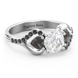 Hearts United Gemstone Ring with Accents in 925 Sterling Silver with White Premium Zirconia, Smokey Quartz, and Black Premium Zirconia