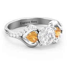 Hearts United Gemstone Ring with Accents in 925 Sterling Silver with White Premium Zirconia and Citrine