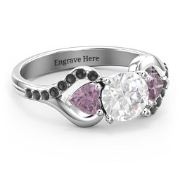 Hearts United Gemstone Ring with Accents in 925 Sterling Silver with White Premium Zirconia, Alexandrite, and Black Premium Zirconia