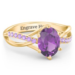 Oval Cut Gemstone Ring with Twisted Band and Accents in 18K Gold Plated Silver with Amethyst and Amethyst Premium Zirconia