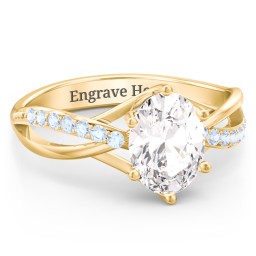 Oval Cut Gemstone Ring with Twisted Band and Accents in 14K Solid Yellow Gold with White Premium Zirconia and Fancy Blue Premium Zirconia
