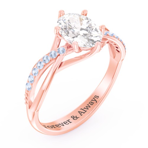 Oval Cut Gemstone Ring with Twisted Band and Accents – 10K Rose Gold with White Premium Zirconia and Fancy Blue Premium Zirconia