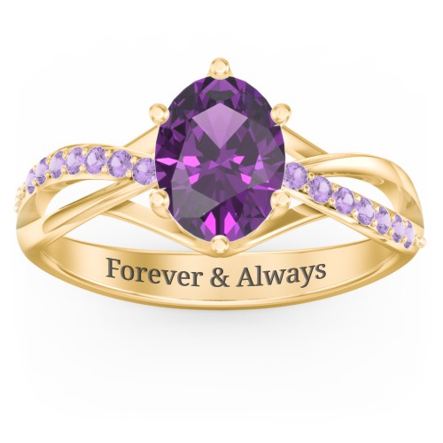 Oval Cut Gemstone Ring with Twisted Band and Accents – 18K Gold Plated Silver with Amethyst and Amethyst Premium Zirconia