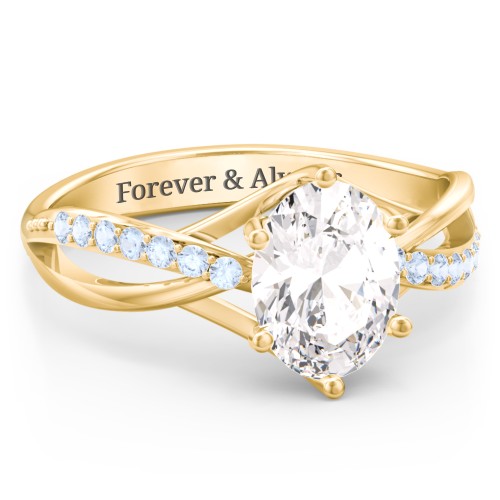 Oval Cut Gemstone Ring with Twisted Band and Accents – 18K Gold Plated Silver with White Premium Zirconia and Fancy Blue Premium Zirconia