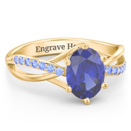 Oval Cut Gemstone Ring with Twisted Band and Accents in 18K Gold Plated Silver with Blue Sapphire and Fancy Blue Premium Zirconia