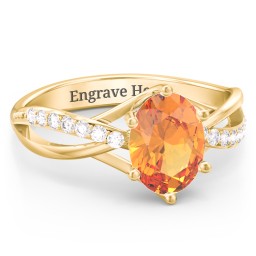 Oval Cut Gemstone Ring with Twisted Band and Accents in 18K Gold Plated Silver with Citrine and White Premium Zirconia