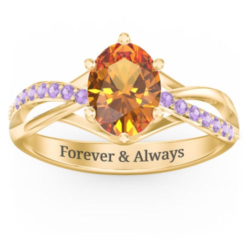 Oval Cut Gemstone Ring with Twisted Band and Accents – 18K Gold Plated Silver with Citrine and Amethyst Premium Zirconia