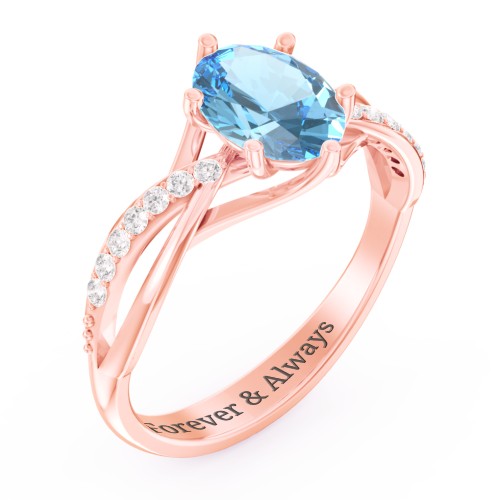 Oval Cut Gemstone Ring with Twisted Band and Accents – 10K Rose Gold with Blue Topaz and White Premium Zirconia