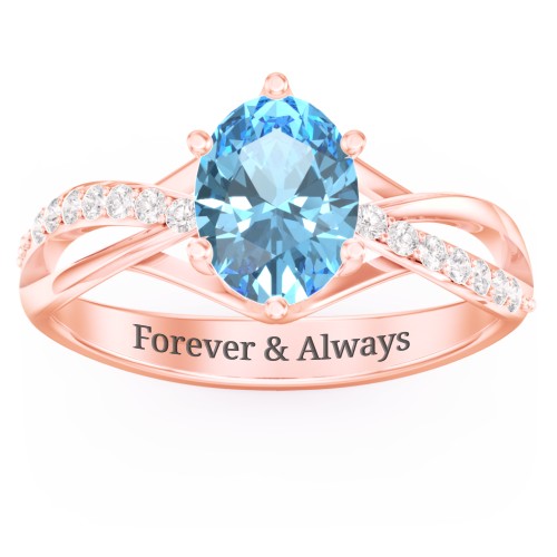 Oval Cut Gemstone Ring with Twisted Band and Accents – 10K Rose Gold with Blue Topaz and White Premium Zirconia
