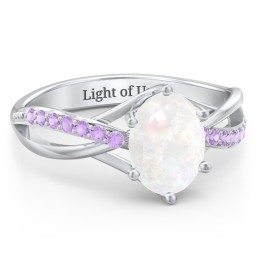 Oval Cut Gemstone Ring with Twisted Band and Accents in 925 Sterling Silver with Opal and Amethyst Premium Zirconia