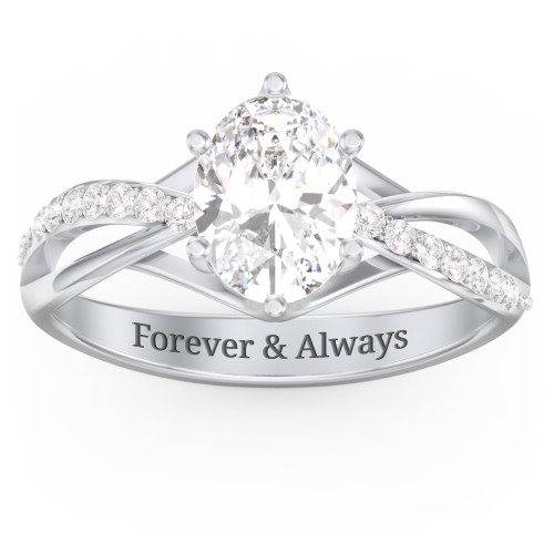 Oval Cut Gemstone Ring with Twisted Band and Accents – Sterling Silver with White Premium Zirconia