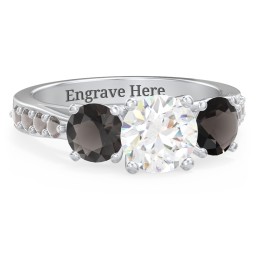 Majestic 3 Stone Eternity Ring with Accents in 925 Sterling Silver with White Premium Zirconia and Smokey Quartz