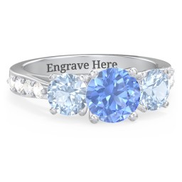 Majestic 3 Stone Eternity Ring with Accents in 10K Solid White Gold with Fancy Blue Premium Zirconia, Aquamarine, and Cubic Zirconia