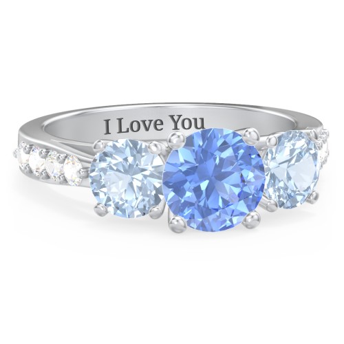 Majestic 3 Stone Eternity Ring with Accents – 10K White Gold with Fancy Blue Premium Zirconia, Aquamarine, and Cubic Zirconia