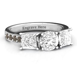 Majestic Round & Princess 3 Stone Ring with Accents in 925 Sterling Silver with White Premium Zirconia and Smokey Quartz