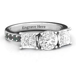 Majestic Round & Princess 3 Stone Ring with Accents in 925 Sterling Silver with White Premium Zirconia and Alexandrite