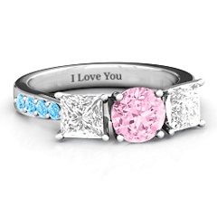 Majestic Round & Princess 3 Stone Ring with Accents – 10K White Gold with Fancy Pink Premium Zirconia, White Premium Zirconia, and Blue Topaz