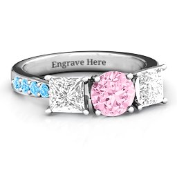 Majestic Round & Princess 3 Stone Ring with Accents in 10K Solid White Gold with Fancy Pink Premium Zirconia, White Premium Zirconia, and Blue Topaz