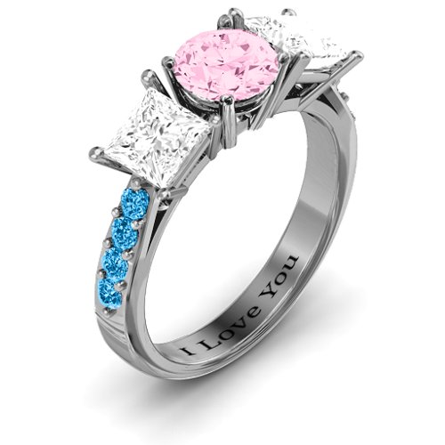 Majestic Round & Princess 3 Stone Ring with Accents – 10K White Gold with Fancy Pink Premium Zirconia, White Premium Zirconia, and Blue Topaz