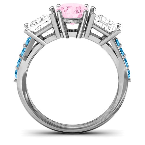 Majestic Round & Princess 3 Stone Ring with Accents – 10K White Gold with Fancy Pink Premium Zirconia, White Premium Zirconia, and Blue Topaz