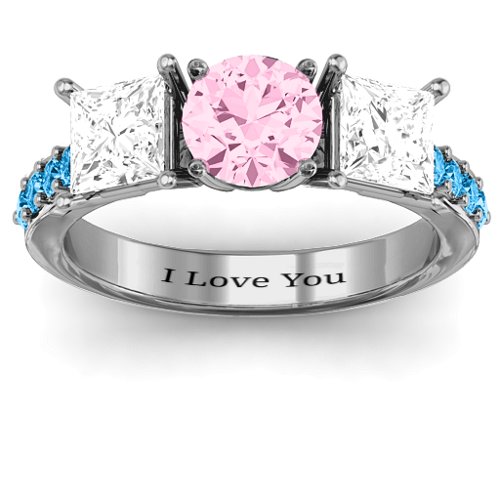 Majestic Round & Princess 3 Stone Ring with Accents – 10K White Gold with Fancy Pink Premium Zirconia, White Premium Zirconia, and Blue Topaz