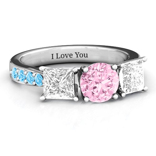Majestic Round & Princess 3 Stone Ring with Accents – 10K White Gold with Fancy Pink Premium Zirconia, White Premium Zirconia, and Blue Topaz