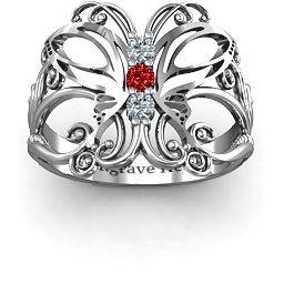 Precious Butterfly Ring in 10K Solid White Gold with Cubic Zirconia and Garnet