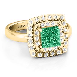 Splendid Double Halo Princess Ring in 10K Solid Yellow Gold with Green Premium Zirconia and White Premium Zirconia
