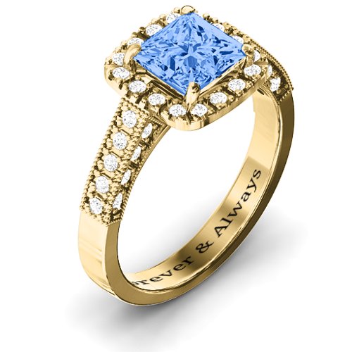 Brilliant Princess Ring with Profile Accents – 10K Yellow Gold with Fancy Blue Premium Zirconia and White Premium Zirconia