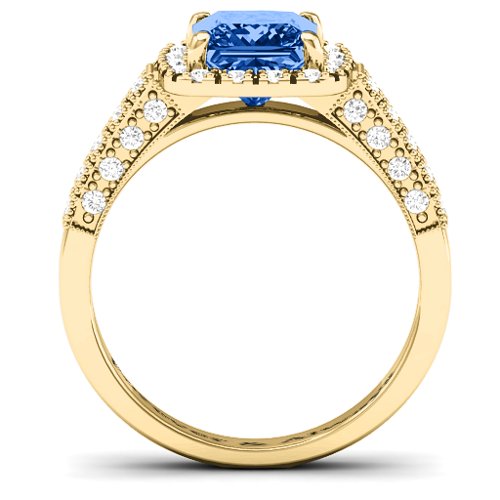 Brilliant Princess Ring with Profile Accents – 10K Yellow Gold with Fancy Blue Premium Zirconia and White Premium Zirconia