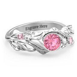 Solitaire Leaf Ring with Accent Stones in 925 Sterling Silver with Pink Tourmaline