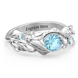 Solitaire Leaf Ring with Accent Stones in 925 Sterling Silver with Blue Topaz