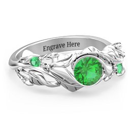 Solitaire Leaf Ring with Accent Stones in 925 Sterling Silver with Emerald