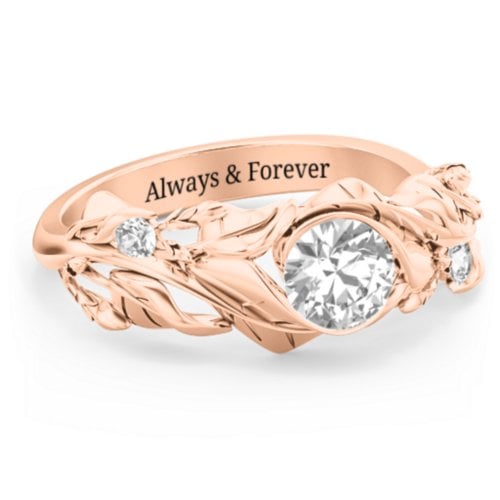 Solitaire Leaf Ring with Accent Stones – 10K Rose Gold with Cubic Zirconia