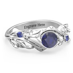 Solitaire Leaf Ring with Accent Stones in 925 Sterling Silver with Blue Sapphire