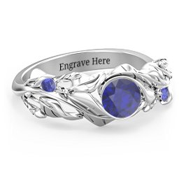Solitaire Leaf Ring with Accent Stones in 925 Sterling Silver with Blue Sapphire