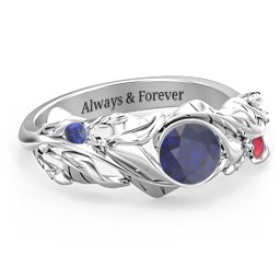 Solitaire Leaf Ring with Accent Stones in 925 Sterling Silver with Blue Sapphire and Garnet